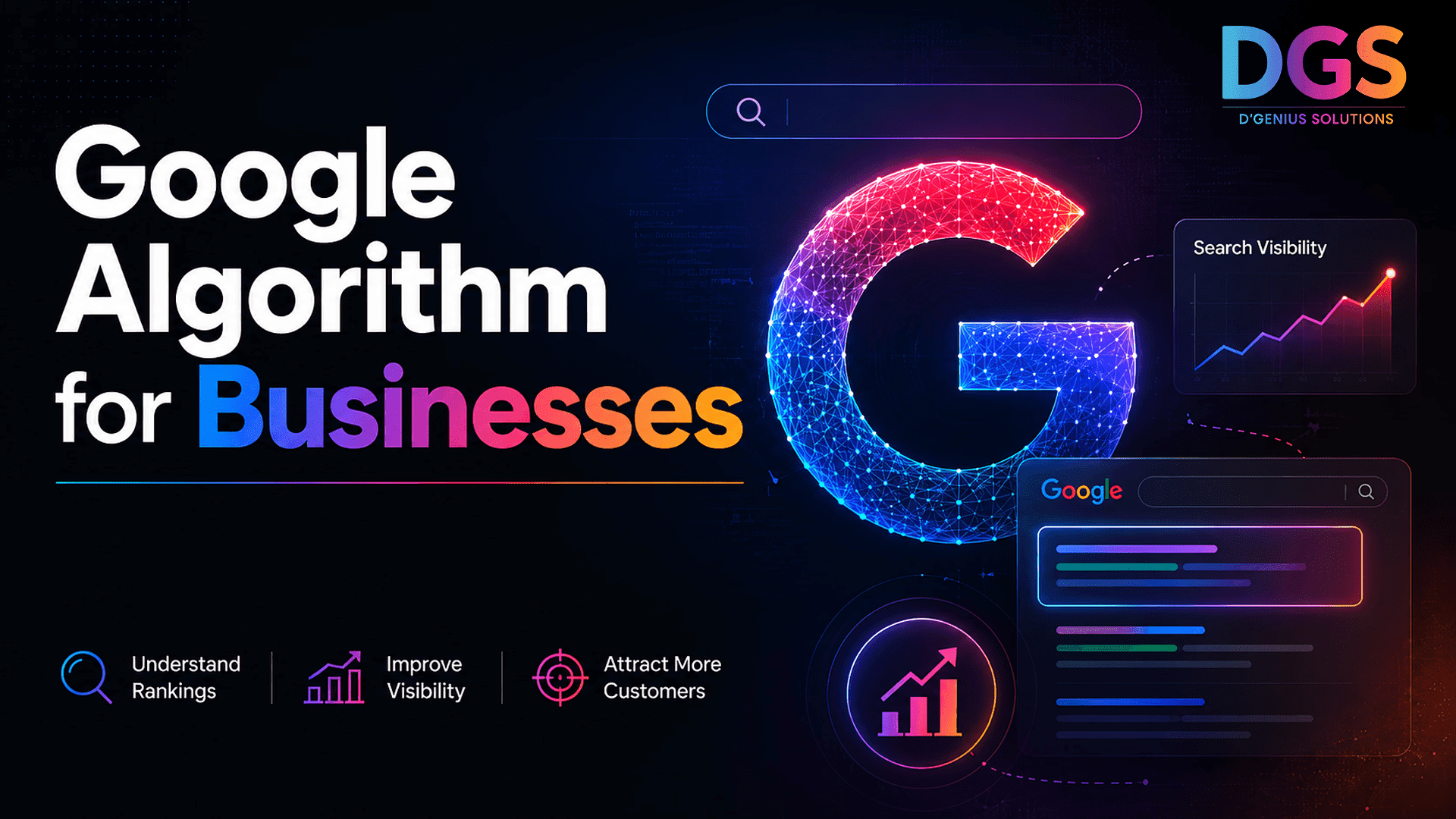 Google Algorithm for Businesses and search visibility blog thumbnail by D'Genius Solutions