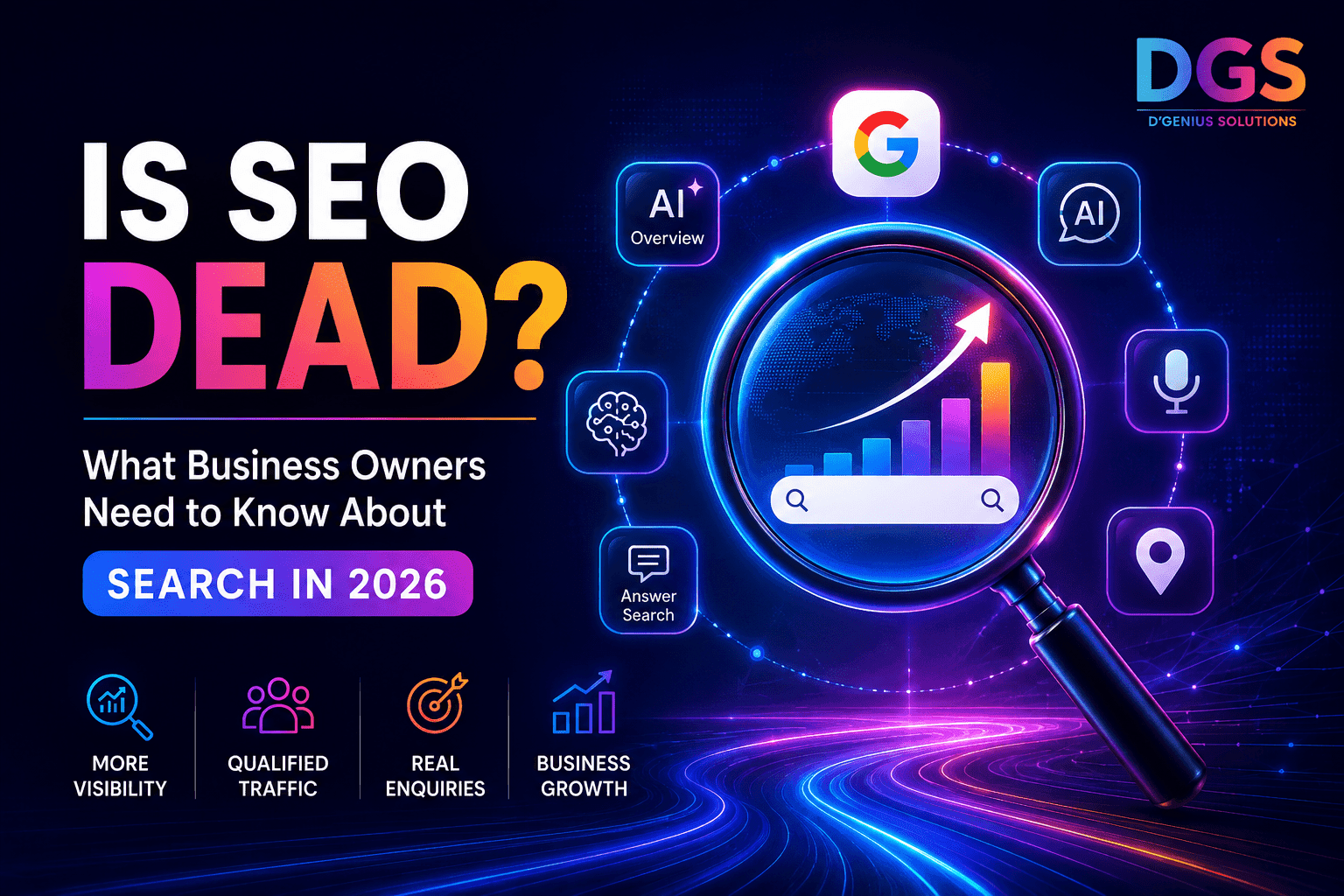SEO blog thumbnail explaining whether SEO is dead in 2026 for business owners