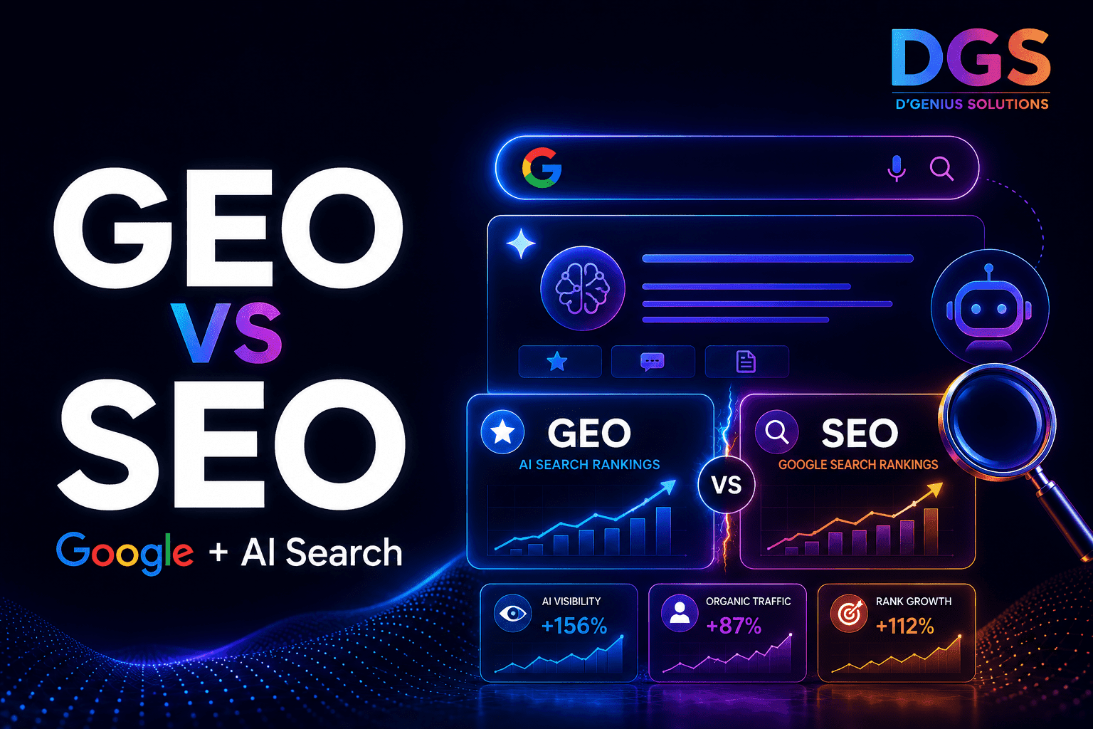 GEO vs SEO blog image showing how businesses can improve visibility in Google search and AI search platforms