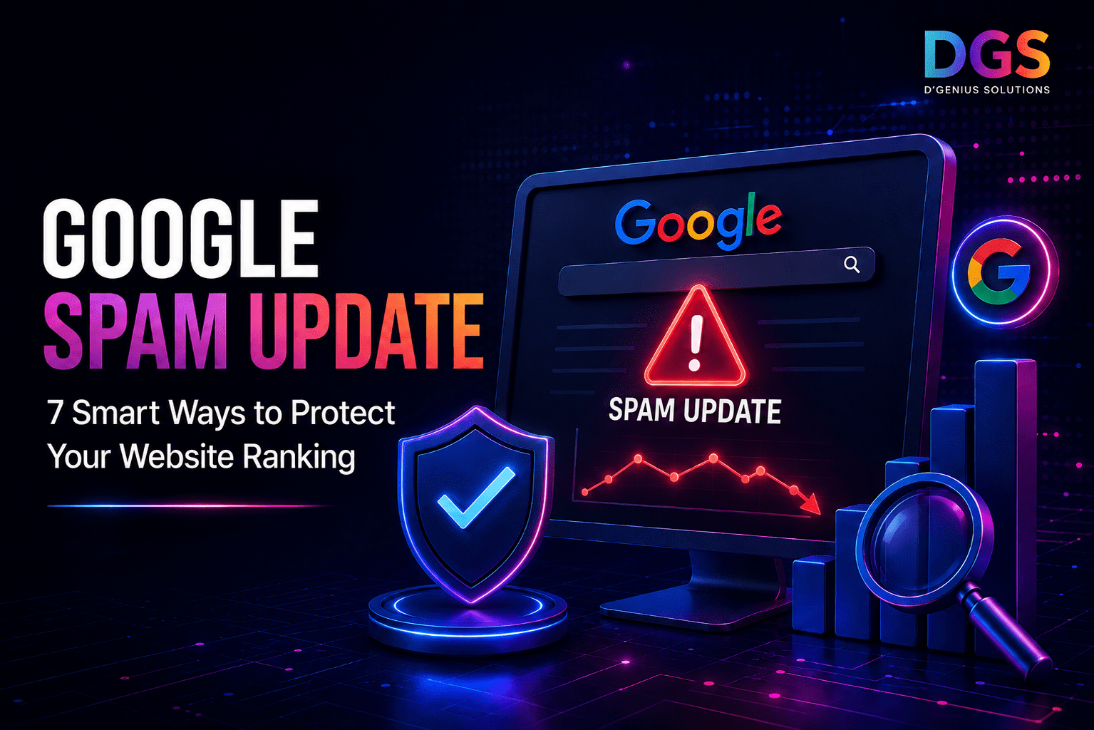 Google spam update blog thumbnail showing website ranking protection, SEO audit, warning alert, and DGS digital marketing support