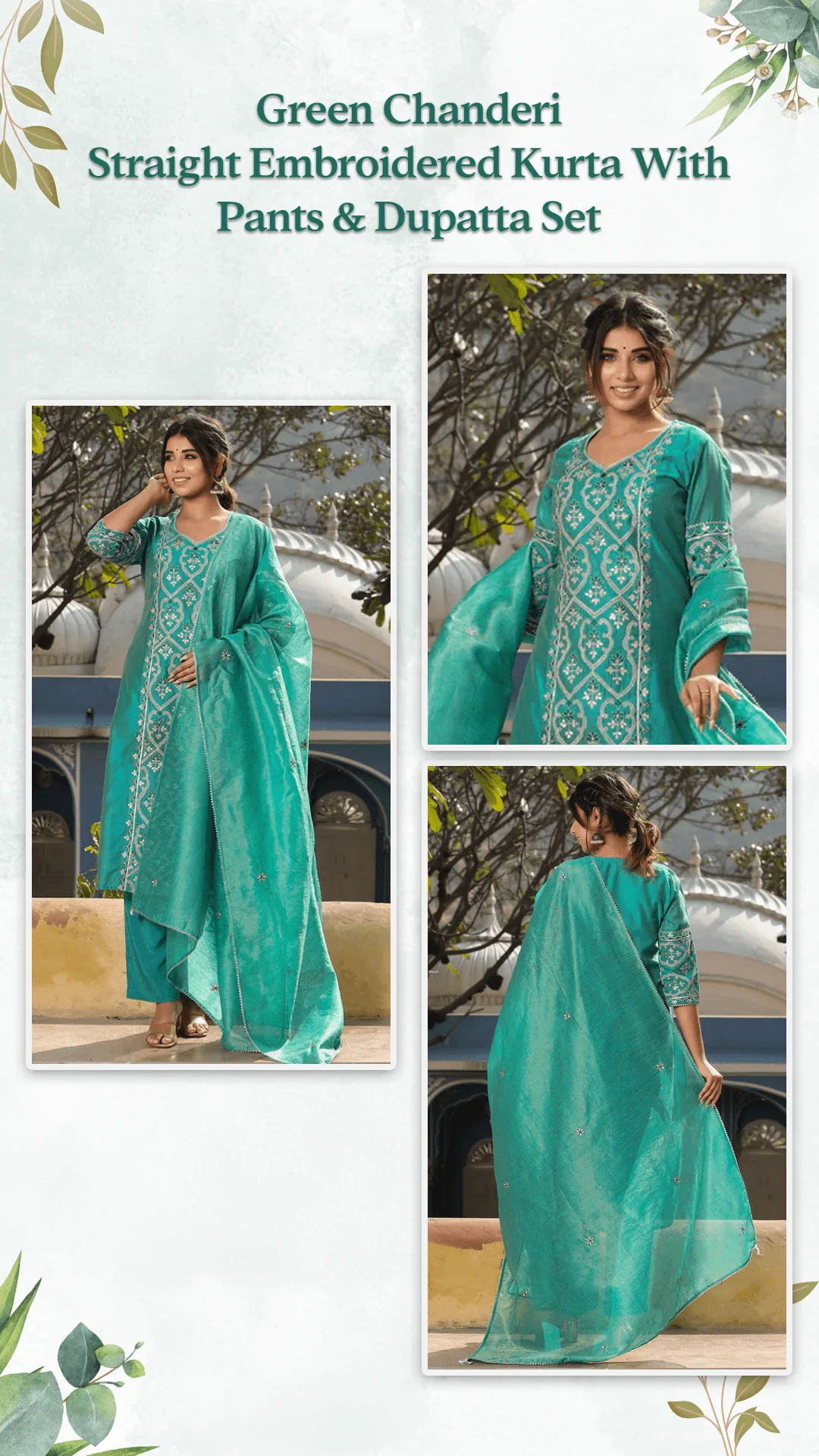 Green Chanderi Straight Embroidered Kurta With Pants & Dupatta Set