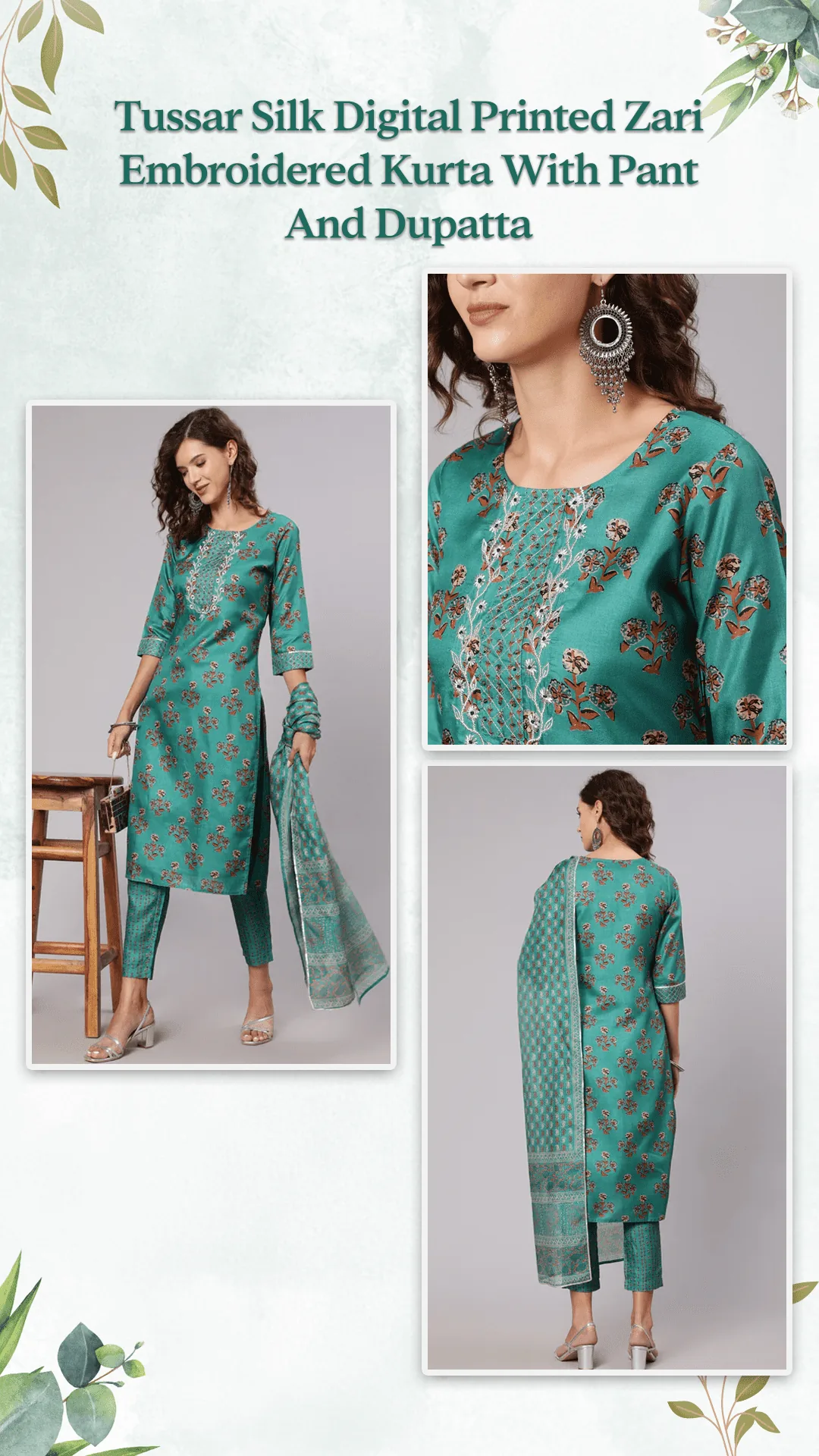 Tussar Silk Digital Printed Zari Embroidered Kurta With Palazzo And Dupatta