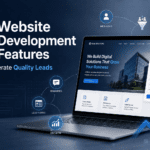 Website development features shown with website mockup, lead forms, enquiries and growth icons for quality leads.