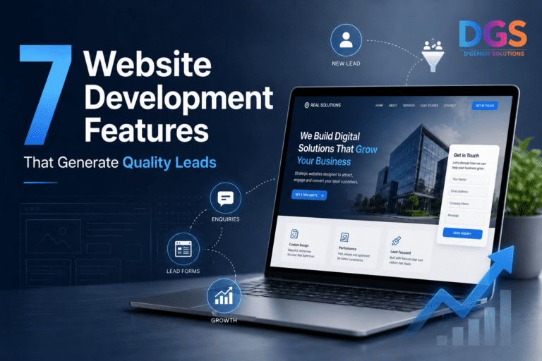 Website development features shown with website mockup, lead forms, enquiries and growth icons for quality leads.