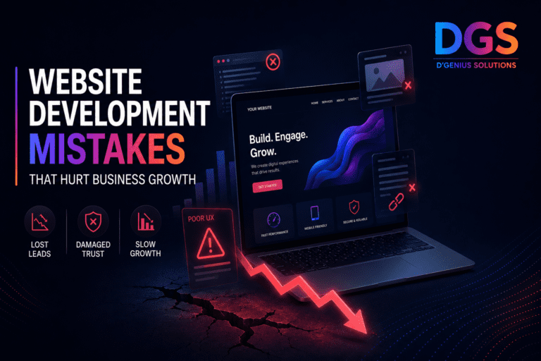 Website development mistakes that hurt business growth, showing poor UX, lost leads, damaged trust, and slow growth with DGS branding