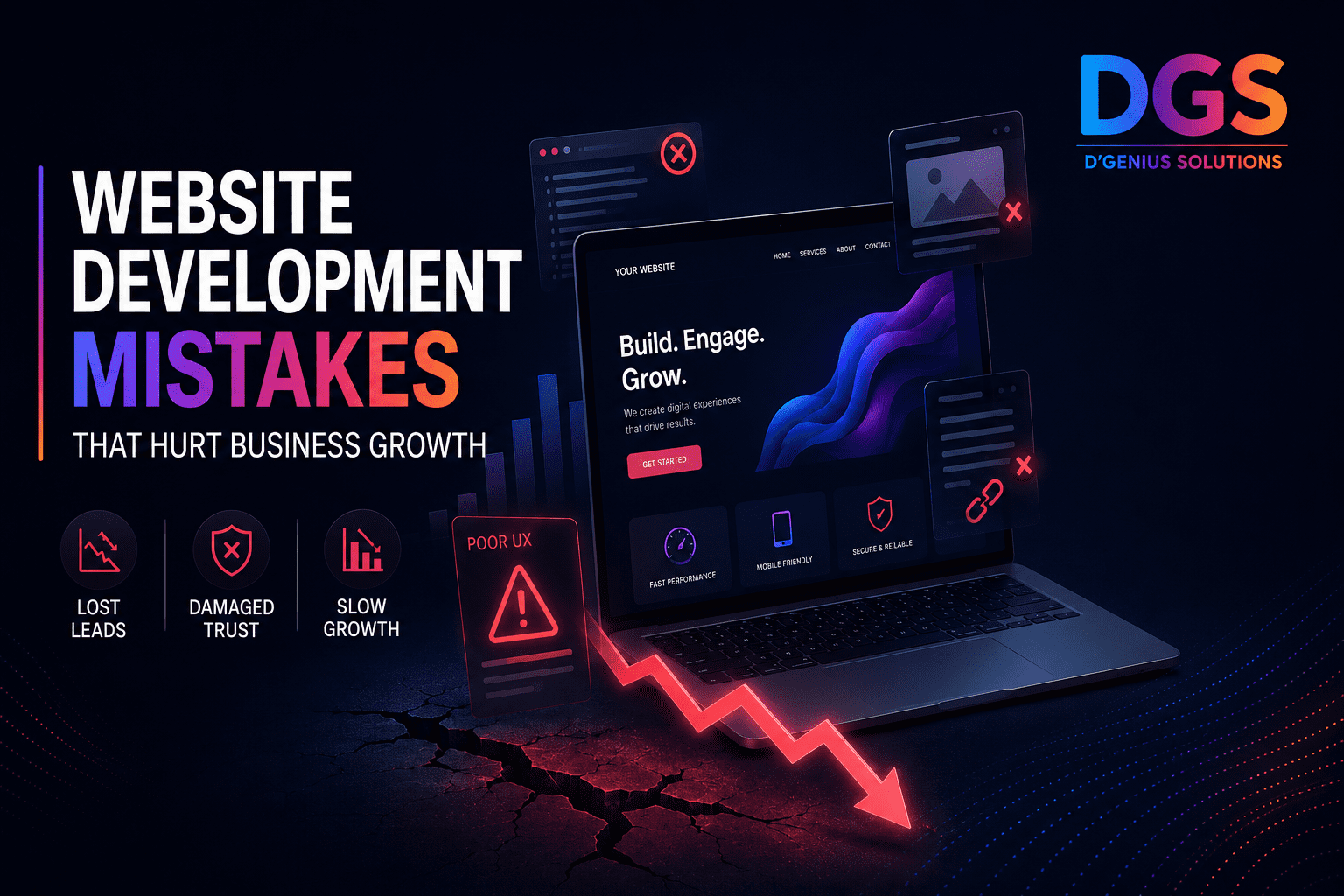 Website development mistakes that hurt business growth, showing poor UX, lost leads, damaged trust, and slow growth with DGS branding