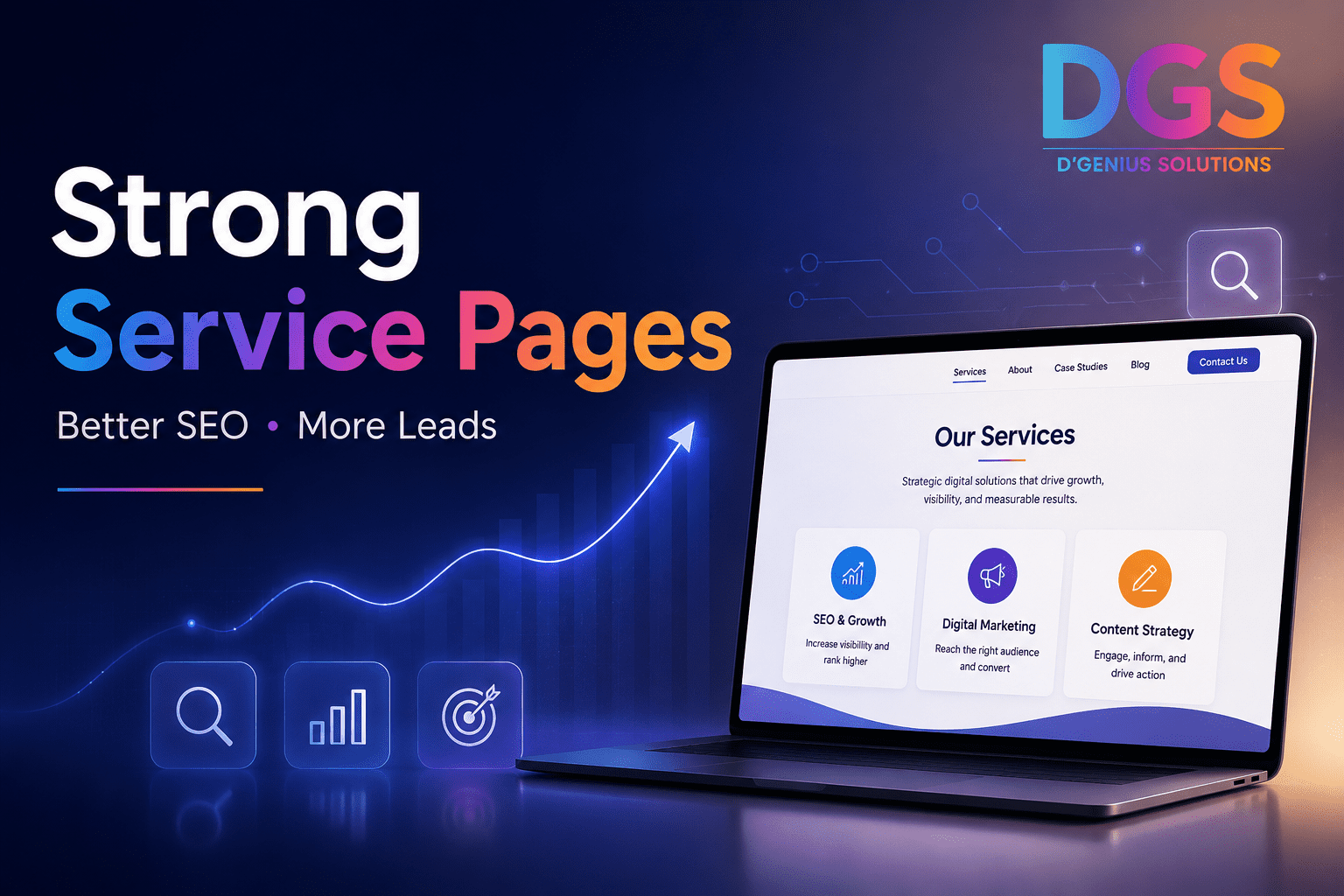 Strong service pages for D’Genius Solutions showing SEO growth, lead generation, digital marketing services, and website optimization.