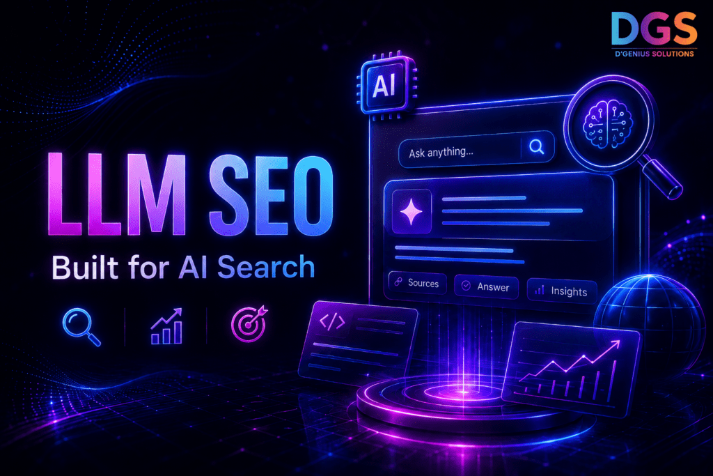 LLM SEO blog thumbnail showing AI search optimization and website visibility
