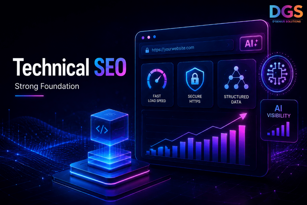 Technical SEO image showing website speed, secure HTTPS, structured data and AI visibility