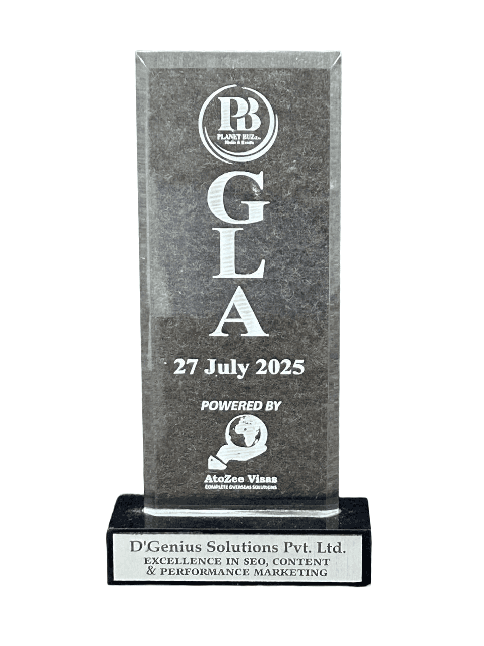 GLA award for excellence in SEO content and performance marketing for D'Genius Solutions Pvt. Ltd.