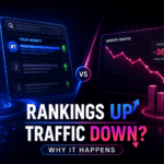 EO rankings up but traffic down shown through rising search positions and declining website traffic