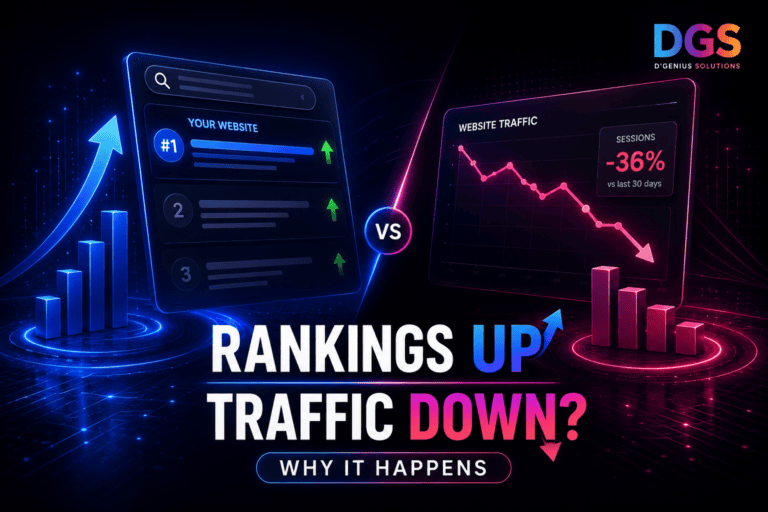 EO rankings up but traffic down shown through rising search positions and declining website traffic