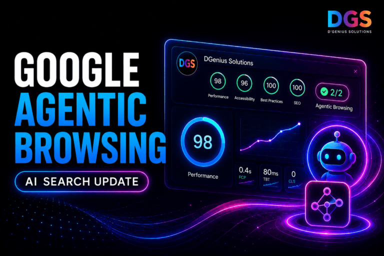 Google Agentic Browsing update and AI search optimization dashboard by D’Genius Solutions