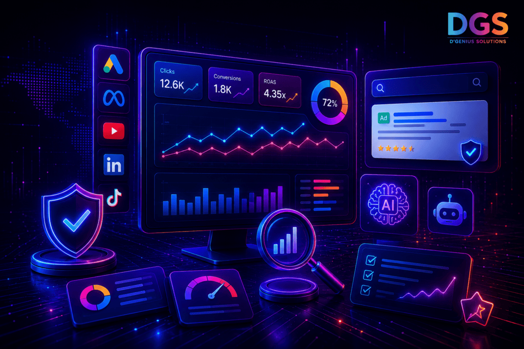 AI search visibility and Google Ads performance dashboard for digital marketing campaigns