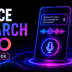 Voice Search SEO guide with microphone, AI search interface and growth chart