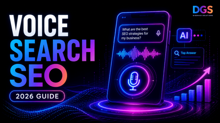 Voice Search SEO guide with microphone, AI search interface and growth chart