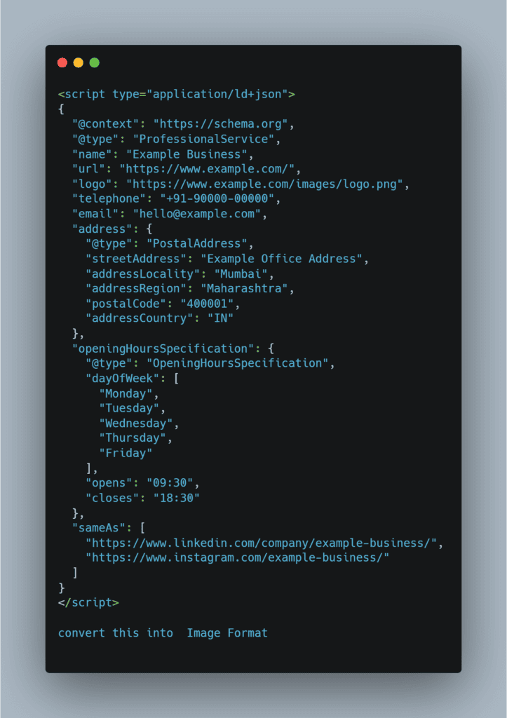 JSON-LD schema SEO for small business code example