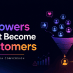Social media conversion illustration showing followers moving through a funnel but failing to become customers.