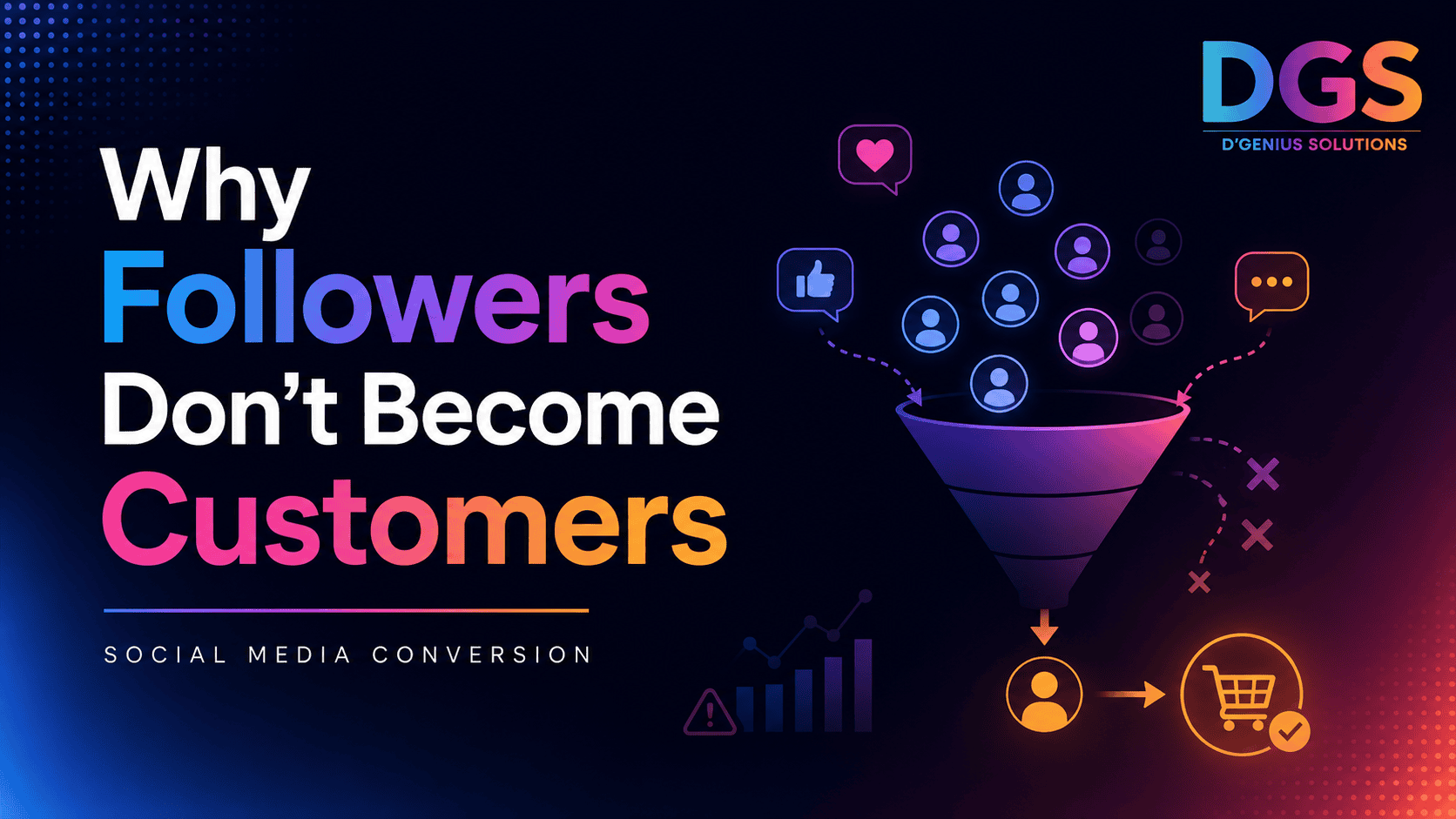 Social media conversion illustration showing followers moving through a funnel but failing to become customers.