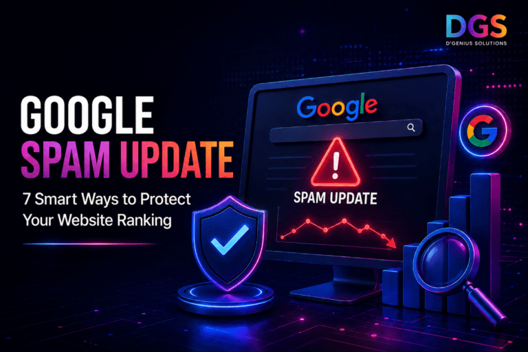 Google spam update blog thumbnail showing website ranking protection, SEO audit, warning alert, and DGS digital marketing support