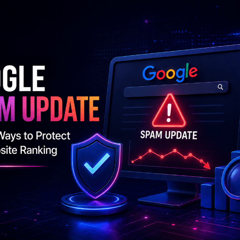 Google spam update blog thumbnail showing website ranking protection, SEO audit, warning alert, and DGS digital marketing support