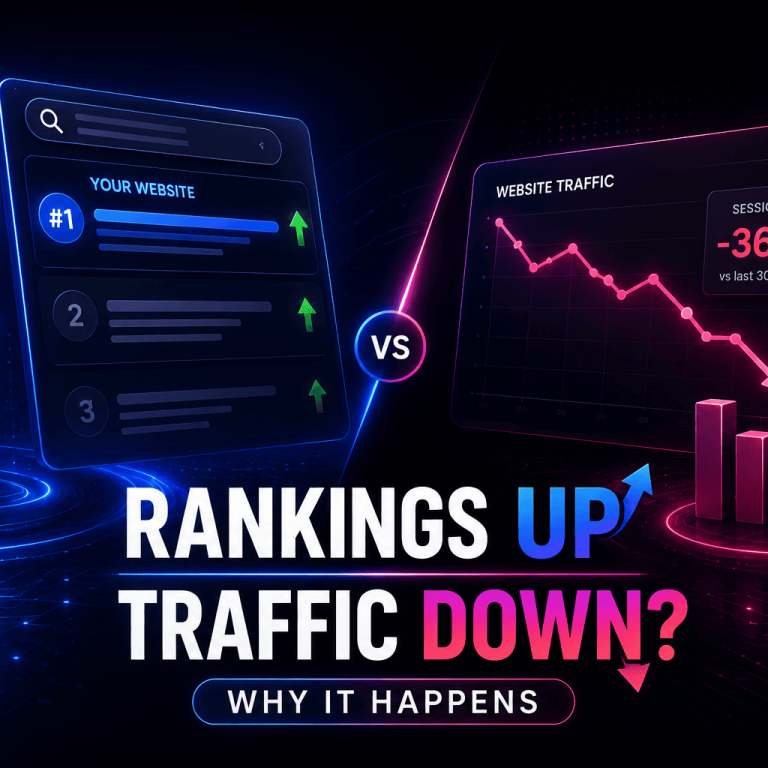 EO rankings up but traffic down shown through rising search positions and declining website traffic