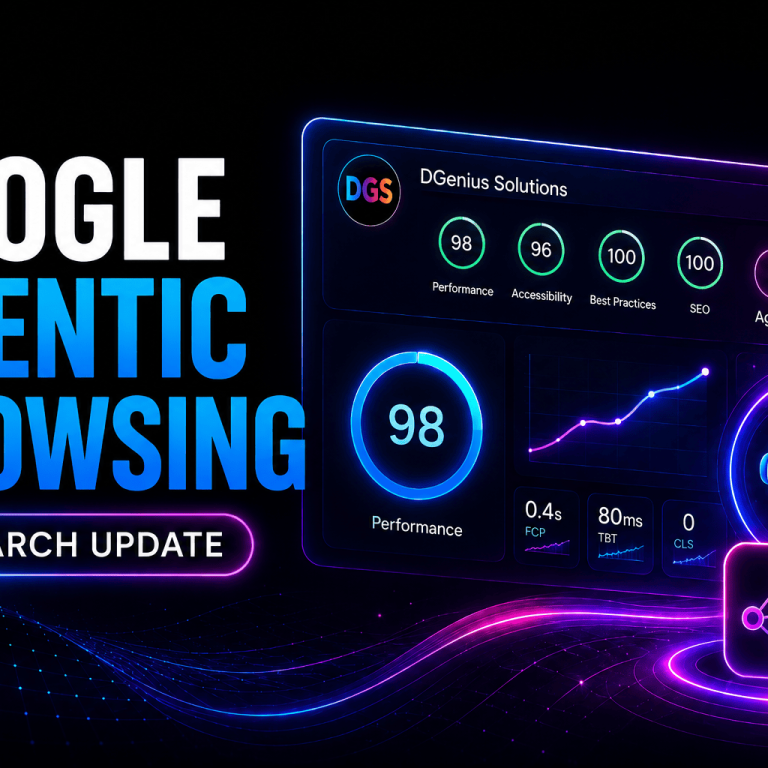 Google Agentic Browsing update and AI search optimization dashboard by D’Genius Solutions