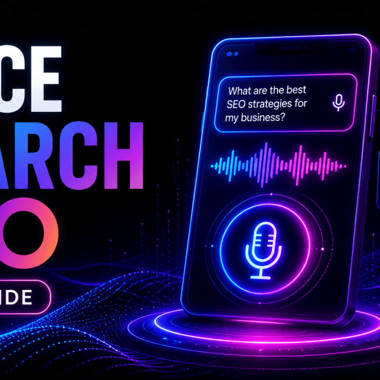 Voice Search SEO guide with microphone, AI search interface and growth chart