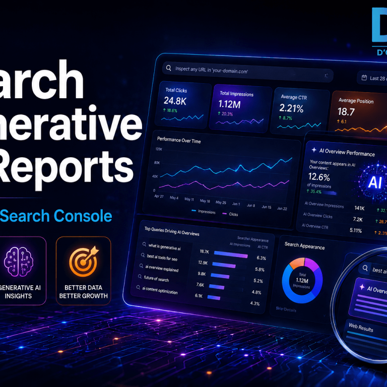 Search Generative AI performance reports in Google Search Console with AI visibility dashboard and DGS branding