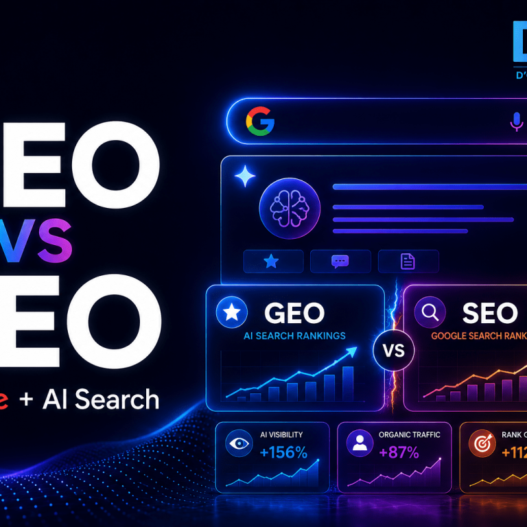 GEO vs SEO blog image showing how businesses can improve visibility in Google search and AI search platforms