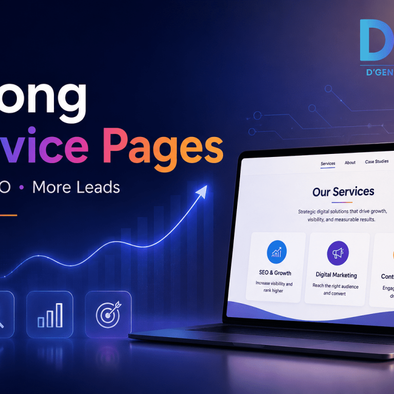 Strong service pages for D’Genius Solutions showing SEO growth, lead generation, digital marketing services, and website optimization.